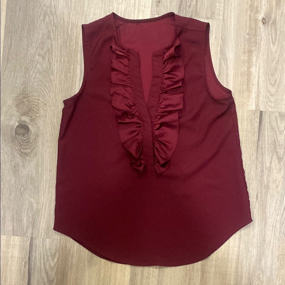 J Crew Sleeveless Burgundy Ruffle Top
